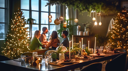 Capturing a modern Christmas atmosphere during a family gathering. Shiny metallic surfaces and a Christmas table centerpiece catch the eye, illuminated by bright ceiling lights in the evening.