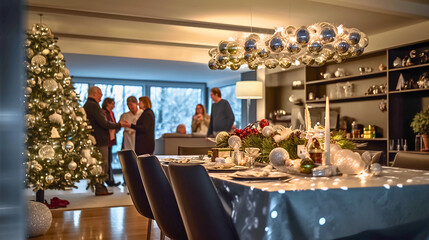 Capturing a modern Christmas atmosphere during a family gathering. Shiny metallic surfaces and a Christmas table centerpiece catch the eye, illuminated by bright ceiling lights in the evening.