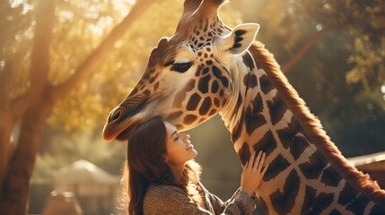  Beautiful Asian woman touching, caring a giraffe, sunset savanna landscape, freedom. exotic,...