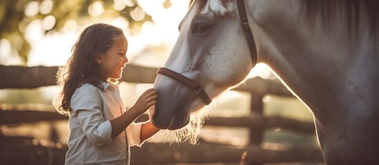 Beautiful little girl with cute clothes and curly hair, is hugging, caring a horse, sunset forest natural golden hour landscape, freedom, luxury, ethnic., friendship, copy space, AI Generated.