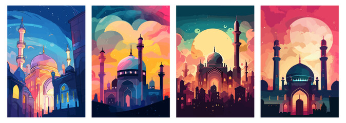 Set of Colorful Mosque Illustrations with Beautiful Sky and Watercolor Elements