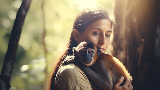 Handsome volunteer woman worker holding a little rescued monkey, hugging, caring, sunset jungle forest landscape, freedom, exotic, south America, wildlife preservation, help, protecting, AI Generated.