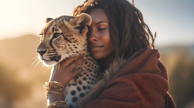 Beautiful Asian woman with tribe clothes hugging, caring a wild panther, sunset forest landscape, freedom. exotic, surreal, Africa, luxury, ethnic., mystic, copy space, AI Generated.