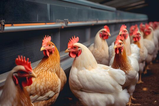 Poultry farm broiler farm with a group of adult laying hens in a modern livestock farm of the parent stock. Generative AI