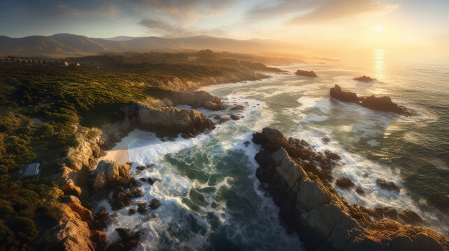 Sunset Serenade: A Breathtaking Aerial View of a Rocky and Rugged Coastline at Dusk. Generative AI
