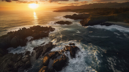 Fototapeta premium Sunset Serenade: Awe-Inspiring Aerial View of a Rocky, Rugged Coastline at Dusk. Generative AI