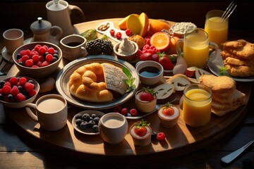 Continental breakfast with croissants, fruit and juice on the table. Generative AI