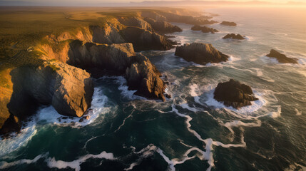 Golden Horizons: Captivating Aerial View of a Rocky, Rugged Coastline at Sunset. Generative AI