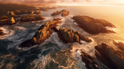 Serenity Unveiled: Awe-Inspiring Aerial View of a Rocky, Rugged Coastline at Sunset. Generative AI - obrazy, fototapety, plakaty