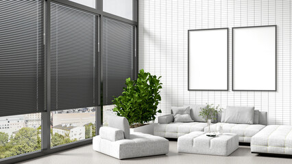 Fototapeta premium 2 large blank white poster frames on the white tiled walls, white and gray sofas, square coffee tables, flower vases, lamps, books, Fiddle Fig, luxury interior design apartment 3D rendering.