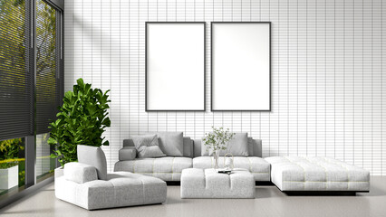 2 large blank white poster frames on the white tiled walls, white and gray sofas, square coffee tables, flower vases, lamps, books, Fiddle Fig, luxury interior design apartment 3D rendering.