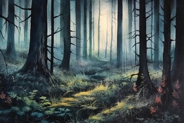Obraz premium mysterious watercolor painting of dark forest