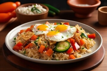 Fried Rice with Fresh Vegetables Topped by a Perfectly Fried Egg - Asian Cuisine Close-Up