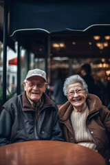 Obraz na płótnie Canvas Generative AI illustration of happy old Caucasian couple enjoying having a drink on a bar terrace