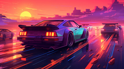 Synthwave scene, electric car racing, high speed racing. ai generative