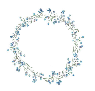 wreath round watercolor elegant forget-me-nots boho stile