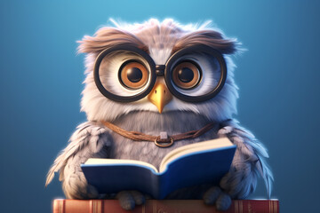 smart owl with glasses reading a book. ai generative