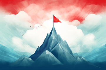 Abstract blue mountain with red flag on top, success concept. ai generative
