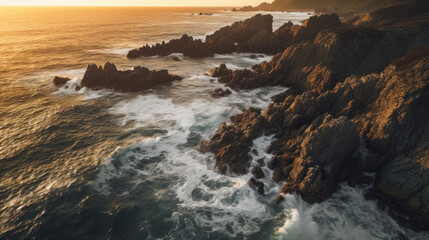Obraz premium Golden Serenade: Aerial View of a Rocky, Rugged Coastline at Sunset. Generative AI