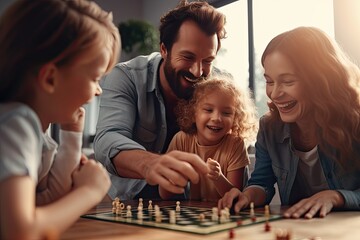 Cheerful family playing board games at home Find happiness and harmony in your free time. Generative ai