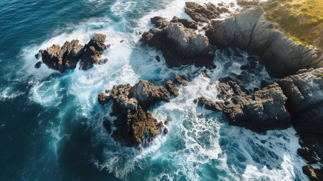 Untamed Majesty: Aerial Glimpse of a Rocky and Rugged Coastal Wonder. Generative AI