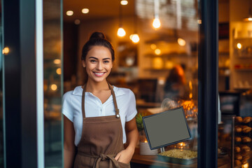 Portrait of a positive girl standing at the entrance to the cafeteria. A cheerful young waitress stands near the open glass door and looks into the camera. Invitation and the beginning of a new day - obrazy, fototapety, plakaty