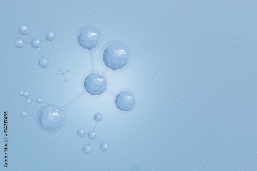 Poster 3d blue molecule or atom floating in air on light blue background. abstract structure for science. i