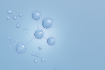 3D blue molecule or atom floating in air on light blue background. Abstract structure for science. illustration 3d render collagen molecule concept.