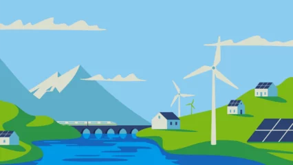Poster Renewable energy power concept. Environment friendly industry. Wind electricity generators, solar panels and electric train in nature landscape. Flat vector illustration EPS10 © cas.tula