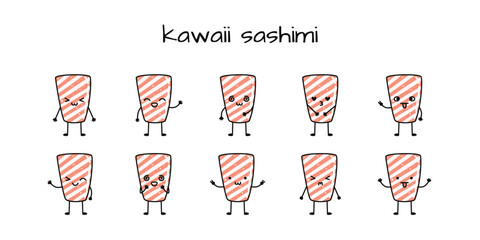 Set of kawaii sashimi sushi mascots in cartoon style