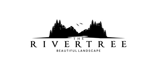 River trees logo design, hill trees river landscape vector silhouette