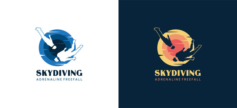 Vector silhouette of freefalling person with abstract sun background, skydiving sport logo design