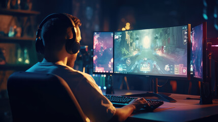Professional gamers play video games on rgb pc