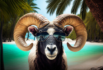 Funny ram in sunglasses looks at the camera against the backdrop of a seascape with palm trees. AI Generated - obrazy, fototapety, plakaty