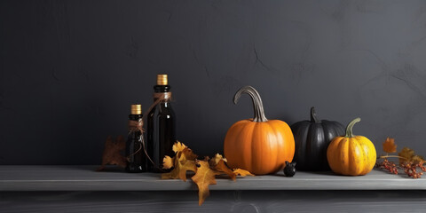 Orange and black pumpkins, fall leaves, black potion bubbles on wooden shelf on gray background.