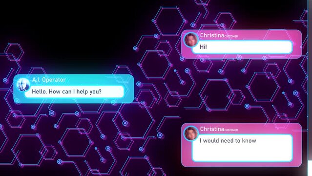 Animation of talk of artificvial intelligence operator of call centrum chatbot and real human person behind computer or internet speaking to each other and robot helping to customer about her delivery
