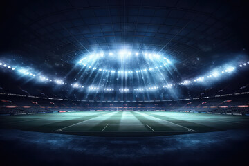 Fototapeta na wymiar Panoramic view of a large soccer stadium with fan stands illuminated by floodlights and spotlights. Empty night Football arena, nobody, sport betting banner template, copy space. Generative AI photo 