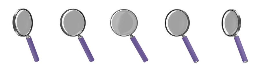 Set of 3d magnifying glass with blue handle, PNG,  
Isolated transparent