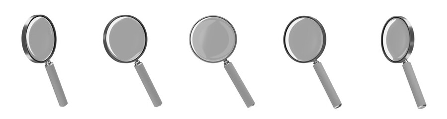 Set of 3d magnifying glass with white handle, PNG,  
Isolated transparent