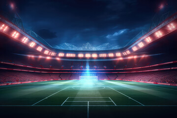 Panoramic view of a large soccer stadium with fan stands illuminated by floodlights and spotlights. Empty night Football arena, nobody, promo banner template, copy space. Generative AI photo 
