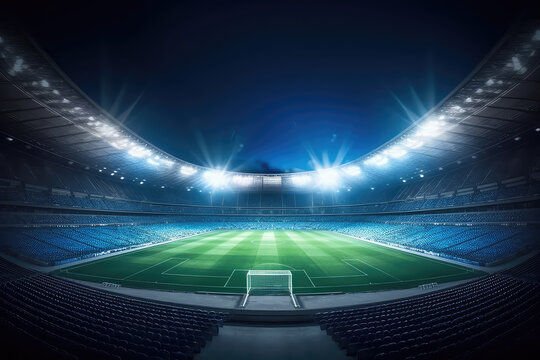 Panoramic view of a large soccer stadium with fan stands illuminated by floodlights and spotlights. Empty night Football arena, nobody, sports banner template, copy space. Generative AI photo 