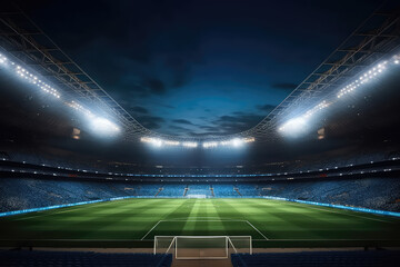 Fototapeta na wymiar Panoramic view of big soccer stadium with fan stands illuminated by floodlights and spotlights. Empty night Football arena, nobody, web banner template, copy space. Generative AI photo 