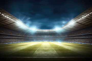 Panoramic view of a large soccer stadium with fan stands illuminated by floodlights and spotlights. Empty night Football arena, nobody, web banner template, text space. Generative AI photo 