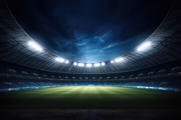 Fototapeta na wymiar Panoramic view of a large soccer stadium with fan stands illuminated by floodlights and spotlights. Empty night Football arena, nobody, banner template, copy space. Generative AI photo 