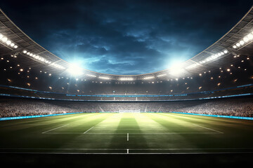 Fototapeta na wymiar Panoramic view of big soccer stadium with fan stands illuminated by many floodlights and spotlights. Empty night Football arena, nobody, banner template, copy space. Generative AI photo 