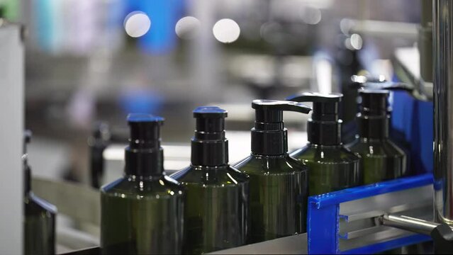 Automated Production Line In Modern Makeup Bottle Factory.