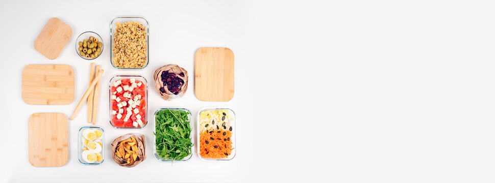 Batch cooking. Salad bar, colorful, isolated, white background. Empty space for text. 