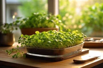 microgreens in the kitchen. Healthy eating concept. Fresh garden produce organically grown as a symbol of health. Microgreens closeup. Generative AI