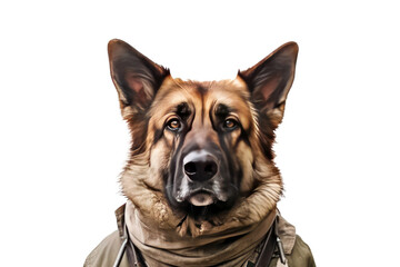 Cute dog German shepherd with soldier costume for military army isolated on clear png background, funny moment, pet concept, with Generative Ai.