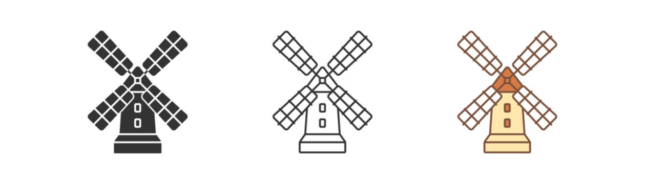 Flour wooden windmill icon isolated. Wind energy symbol. Wind, netherlands, holland windmill, bakery, bread. Outline, flat and colored style. Flat design. Vector illustration